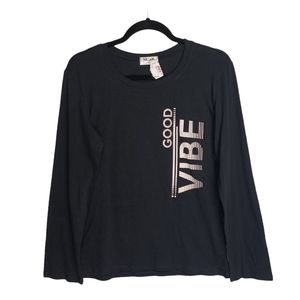 NK;AK "Good Vibe" White Spellout Long Sleeve Black Top X-Large NWT